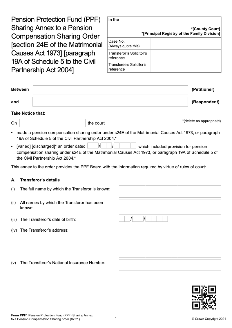 PPF1 Pension Protection Fund PPF Sharing Annex to a Pension Compensation Sharing Order [section 24E of the Matrimonial Causes Act 1973] [paragraph 19A of Schedule 5 to the Civil Partnership Act 2004] Form PPF1 preview